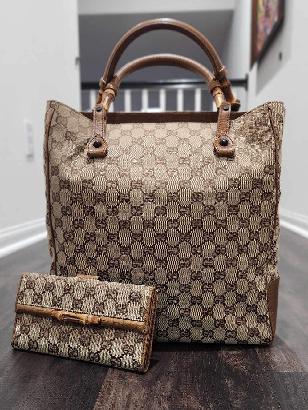 Gucci Set of Brown GG Canvas Bamboo Handle Tote Bag + matching Wallet